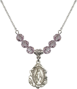 18" Rhodium Plated Necklace with 4mm Light Amethyst Crystal Beads featuring a Sterling Silver Miraculous Medal. Engraved Catholic Saint Jewelry