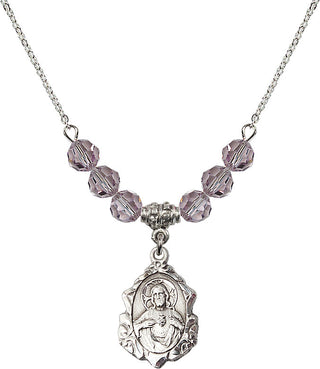 18" Rhodium Plated Necklace with 4mm Light Amethyst Crystal Beads featuring a Sterling Silver Scapular Medal.