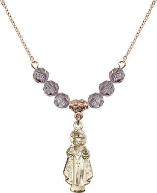 18" Hamilton Gold Plated Necklace with 4mm Light Amethyst Crystal Beads featuring a 14kt Gold Filled Infant of Prague Medal.