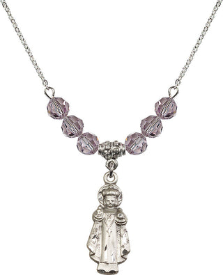 18" Rhodium Plated Necklace with 4mm Light Amethyst Crystal Beads featuring a Sterling Silver Infant of Prague Medal.