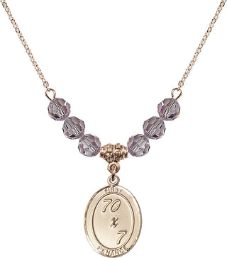 18" Hamilton Gold Plated Necklace with 4mm Light Amethyst Crystal Beads featuring a 14kt Gold Filled First Penance Medal.