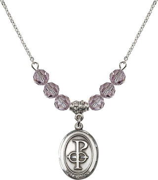 18" Rhodium Plated Necklace with 4mm Light Amethyst Crystal Beads featuring a Sterling Silver Matrimony Medal.