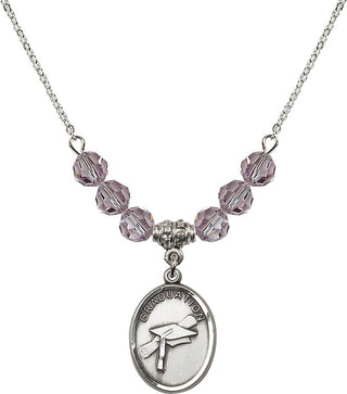 18" Rhodium Plated Necklace with 4mm Light Amethyst Crystal Beads featuring a Sterling Silver Graduation Medal.