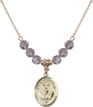 18" Hamilton Gold Plated Necklace with 4mm Light Amethyst Crystal Beads featuring a 14kt Gold Filled Confirmation Medal.