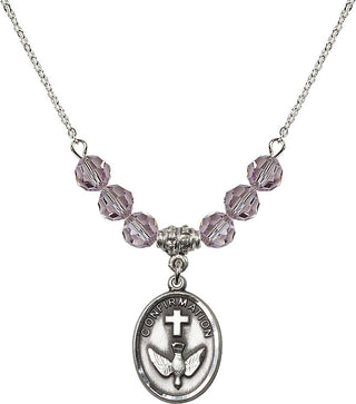 18" Rhodium Plated Necklace with 4mm Light Amethyst Crystal Beads featuring a Sterling Silver Confirmation Medal.