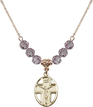 18" Hamilton Gold Plated Necklace with 4mm Light Amethyst Crystal Beads featuring a 14kt Gold Filled Crucifix Medal.
