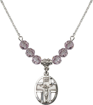 18" Rhodium Plated Necklace with 4mm Light Amethyst Crystal Beads featuring a Sterling Silver Crucifix Medal.
