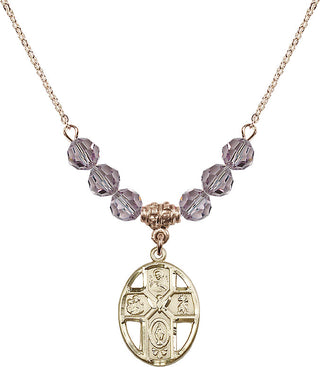 18" Hamilton Gold Plated Necklace with 4mm Light Amethyst Crystal Beads featuring a 14kt Gold Filled 5-Way / Holy Spirit Medal.