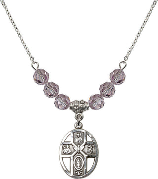 18" Rhodium Plated Necklace with 4mm Light Amethyst Crystal Beads featuring a Sterling Silver 5-Way / Holy Spirit Medal.
