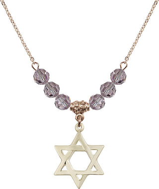 18" Hamilton Gold Plated Necklace with 4mm Light Amethyst Crystal Beads featuring a 14kt Gold Filled Star of David Medal.