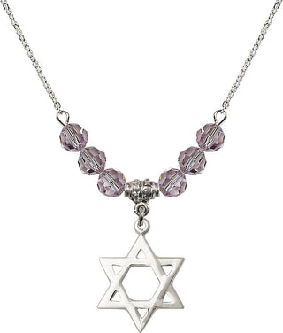 18" Rhodium Plated Necklace with 4mm Light Amethyst Crystal Beads featuring a Sterling Silver Star of David Medal.