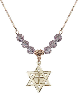 18" Hamilton Gold Plated Necklace with 4mm Light Amethyst Crystal Beads featuring a 14kt Gold Filled Star of David with Cross Medal.