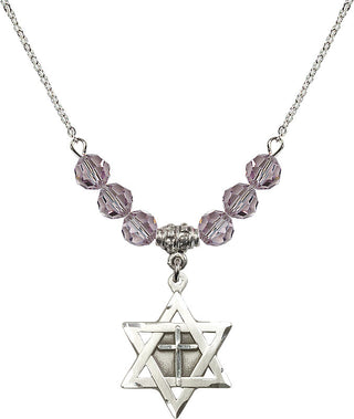 18" Rhodium Plated Necklace with 4mm Light Amethyst Crystal Beads featuring a Sterling Silver Star of David with Cross Medal.