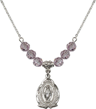 18" Rhodium Plated Necklace with 4mm Light Amethyst Crystal Beads featuring a Sterling Silver Miraculous Medal.