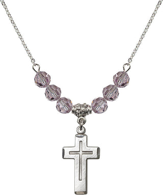 18" Rhodium Plated Necklace with 4mm Light Amethyst Crystal Beads featuring a Sterling Silver Cross Medal.