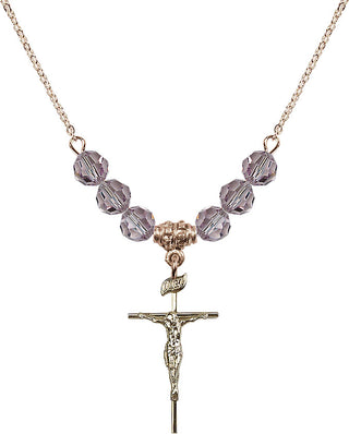 18" Hamilton Gold Plated Necklace with 4mm Light Amethyst Crystal Beads featuring a 14kt Gold Filled Crucifix Medal.