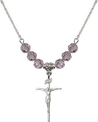 18" Rhodium Plated Necklace with 4mm Light Amethyst Crystal Beads featuring a Sterling Silver Crucifix Medal.
