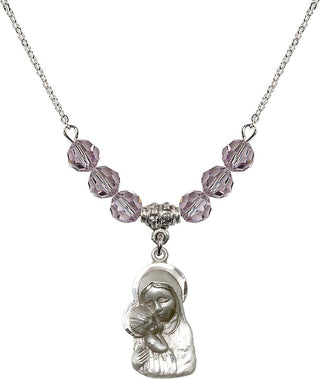 18" Rhodium Plated Necklace with 4mm Light Amethyst Crystal Beads featuring a Sterling Silver Madonna & Child Medal.