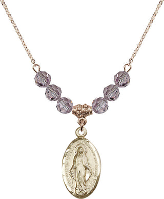 18" Hamilton Gold Plated Necklace with 4mm Light Amethyst Crystal Beads featuring a 14kt Gold Filled Miraculous Medal.