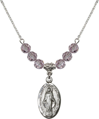 18" Rhodium Plated Necklace with 4mm Light Amethyst Crystal Beads featuring a Sterling Silver Miraculous Medal.