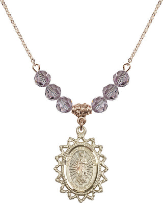 18" Hamilton Gold Plated Necklace with 4mm Light Amethyst Crystal Beads featuring a 14kt Gold Filled Our Lady of Guadalupe Medal.