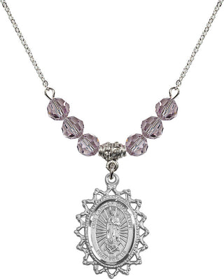 18" Rhodium Plated Necklace with 4mm Light Amethyst Crystal Beads featuring a Sterling Silver Our Lady of Guadalupe Medal.