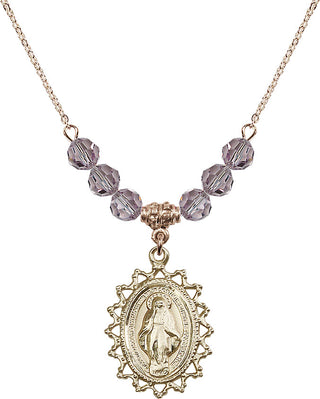 18" Hamilton Gold Plated Necklace with 4mm Light Amethyst Crystal Beads featuring a 14kt Gold Filled Miraculous Medal.