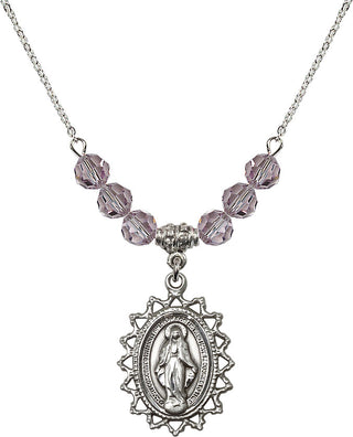 18" Rhodium Plated Necklace with 4mm Light Amethyst Crystal Beads featuring a Sterling Silver Miraculous Medal.
