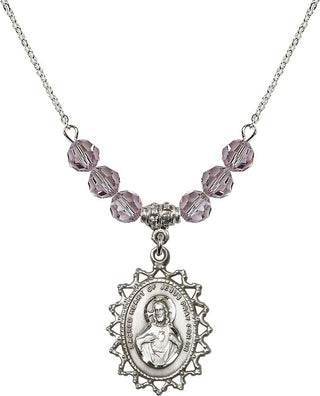 18" Rhodium Plated Necklace with 4mm Light Amethyst Crystal Beads featuring a Sterling Silver Scapular Medal.