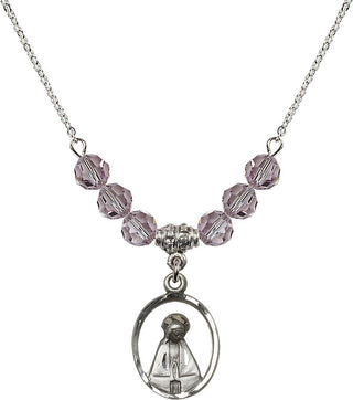 18" Rhodium Plated Necklace with 4mm Light Amethyst Crystal Beads featuring a Sterling Silver Madonna Medal.
