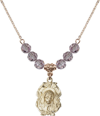 18" Hamilton Gold Plated Necklace with 4mm Light Amethyst Crystal Beads featuring a 14kt Gold Filled Madonna Medal.