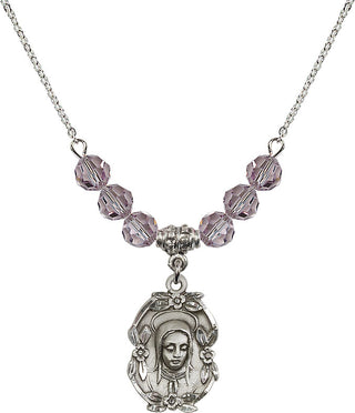 18" Rhodium Plated Necklace with 4mm Light Amethyst Crystal Beads featuring a Sterling Silver Madonna Medal.