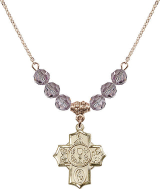 18" Hamilton Gold Plated Necklace with 4mm Light Amethyst Crystal Beads featuring a 14kt Gold Filled Communion/5-Way Medal.