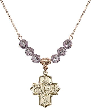 18" Hamilton Gold Plated Necklace with 4mm Light Amethyst Crystal Beads featuring a 14kt Gold Filled 5-Way Medal.