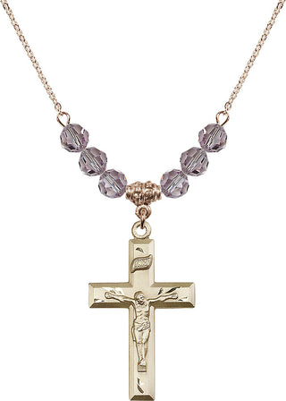 18" Hamilton Gold Plated Necklace with 4mm Light Amethyst Crystal Beads featuring a 14kt Gold Filled Crucifix Medal.