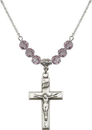 18" Rhodium Plated Necklace with 4mm Light Amethyst Crystal Beads featuring a Sterling Silver Crucifix Medal.
