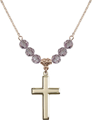 18" Hamilton Gold Plated Necklace with 4mm Light Amethyst Crystal Beads featuring a 14kt Gold Filled Cross Medal.