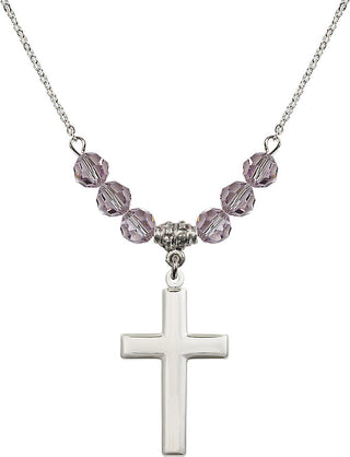 18" Rhodium Plated Necklace with 4mm Light Amethyst Crystal Beads featuring a Sterling Silver Cross Medal.