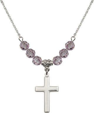 18" Rhodium Plated Necklace with 4mm Light Amethyst Crystal Beads featuring a Sterling Silver Cross Medal.