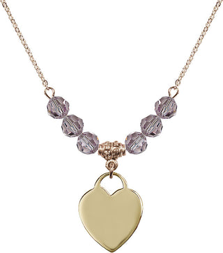 18" Hamilton Gold Plated Necklace with 4mm Light Amethyst Crystal Beads featuring a 14kt Gold Filled Heart Medal. Engraved Catholic Saint Jewelry