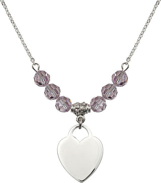 18" Rhodium Plated Necklace with 4mm Light Amethyst Crystal Beads featuring a Sterling Silver Heart Medal. Engraved Catholic Saint Jewelry