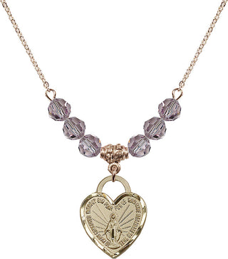 18" Hamilton Gold Plated Necklace with 4mm Light Amethyst Crystal Beads featuring a 14kt Gold Filled Miraculous Heart Medal. Engraved Catholic Saint Jewelry