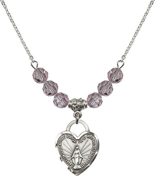 18" Rhodium Plated Necklace with 4mm Light Amethyst Crystal Beads featuring a Sterling Silver Miraculous Heart Medal. Engraved Catholic Saint Jewelry