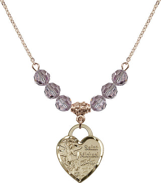 18" Hamilton Gold Plated Necklace with 4mm Light Amethyst Crystal Beads featuring a 14kt Gold Filled Saint Michael the Archangel Medal. Engraved Catholic Saint Jewelry
