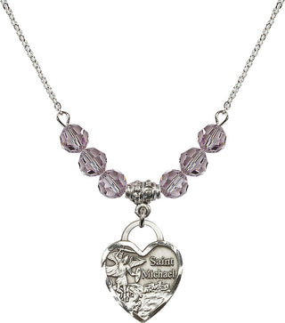18" Rhodium Plated Necklace with 4mm Light Amethyst Crystal Beads featuring a Sterling Silver Saint Michael the Archangel Medal. Engraved Catholic Saint Jewelry