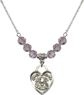 18" Rhodium Plated Necklace with 4mm Light Amethyst Crystal Beads featuring a Sterling Silver Communion Heart Medal. Engraved Catholic Saint Jewelry