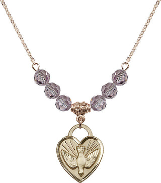 18" Hamilton Gold Plated Necklace with 4mm Light Amethyst Crystal Beads featuring a 14kt Gold Filled Confirmation Heart Medal. Engraved Catholic Saint Jewelry