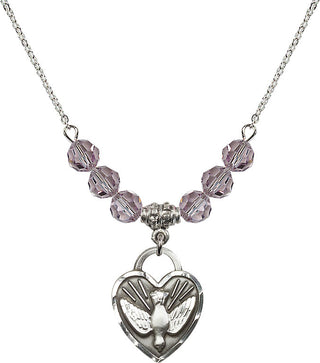 18" Rhodium Plated Necklace with 4mm Light Amethyst Crystal Beads featuring a Sterling Silver Confirmation Heart Medal. Engraved Catholic Saint Jewelry