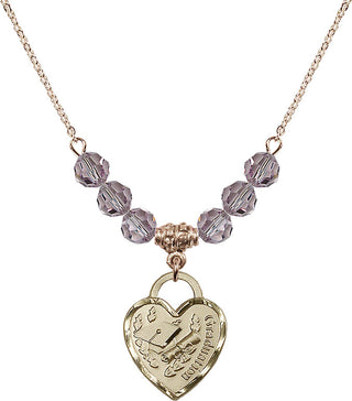 18" Hamilton Gold Plated Necklace with 4mm Light Amethyst Crystal Beads featuring a 14kt Gold Filled Graduation Heart Medal. Engraved Catholic Saint Jewelry