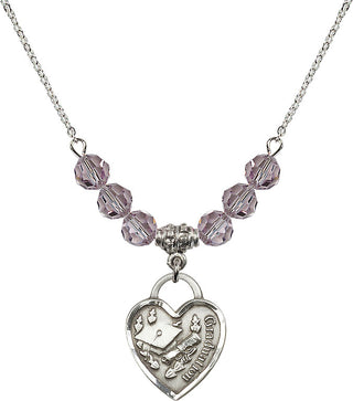 18" Rhodium Plated Necklace with 4mm Light Amethyst Crystal Beads featuring a Sterling Silver Graduation Heart Medal. Engraved Catholic Saint Jewelry